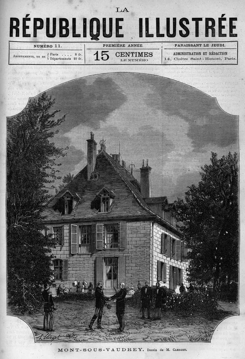 منظر لمنزل الرئيس جول غريفي (1807-1891) في مونت سو فودري (مونت سو فودري) في فرانش كونت. جريدة. نقش من عام 1880 في المجموعة الخاصة "La republique illustree". بواسطة المدرسة الفرنسية