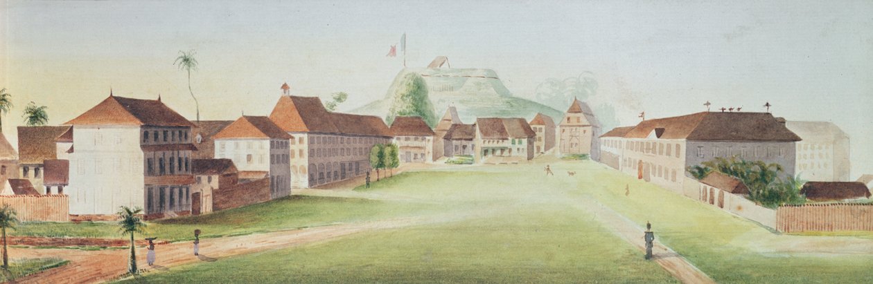 منظر لثكنات المشاة في كاين ، غيانا الفرنسية ، ج. 1840 (مرحاض على ورق) بواسطة المدرسة الفرنسية