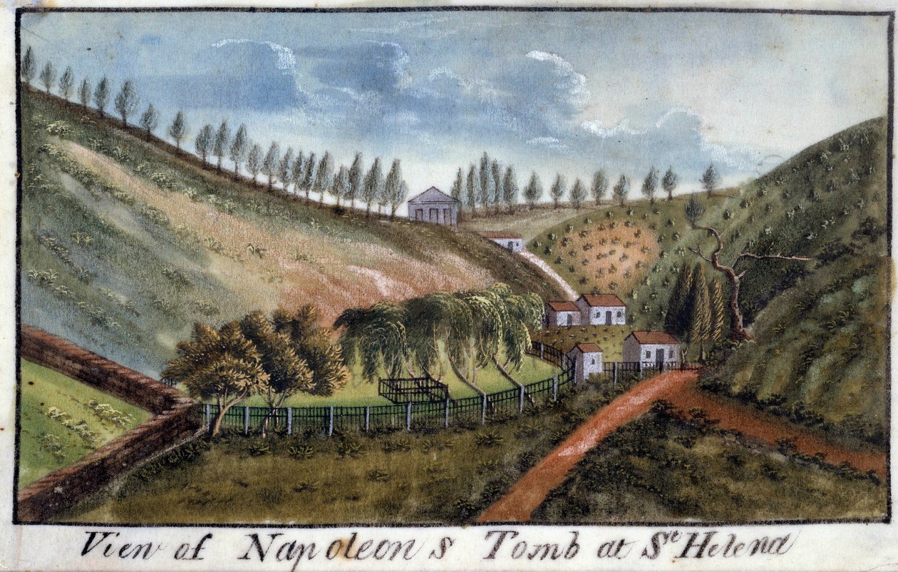 منظر لجزيرة سانت هيلين مع قبر الإمبراطور نابليون الأول (1769-1821) لوحة مائية حوالي عام 1821. إيل دايكس ، متحف نابليون بواسطة المدرسة الفرنسية