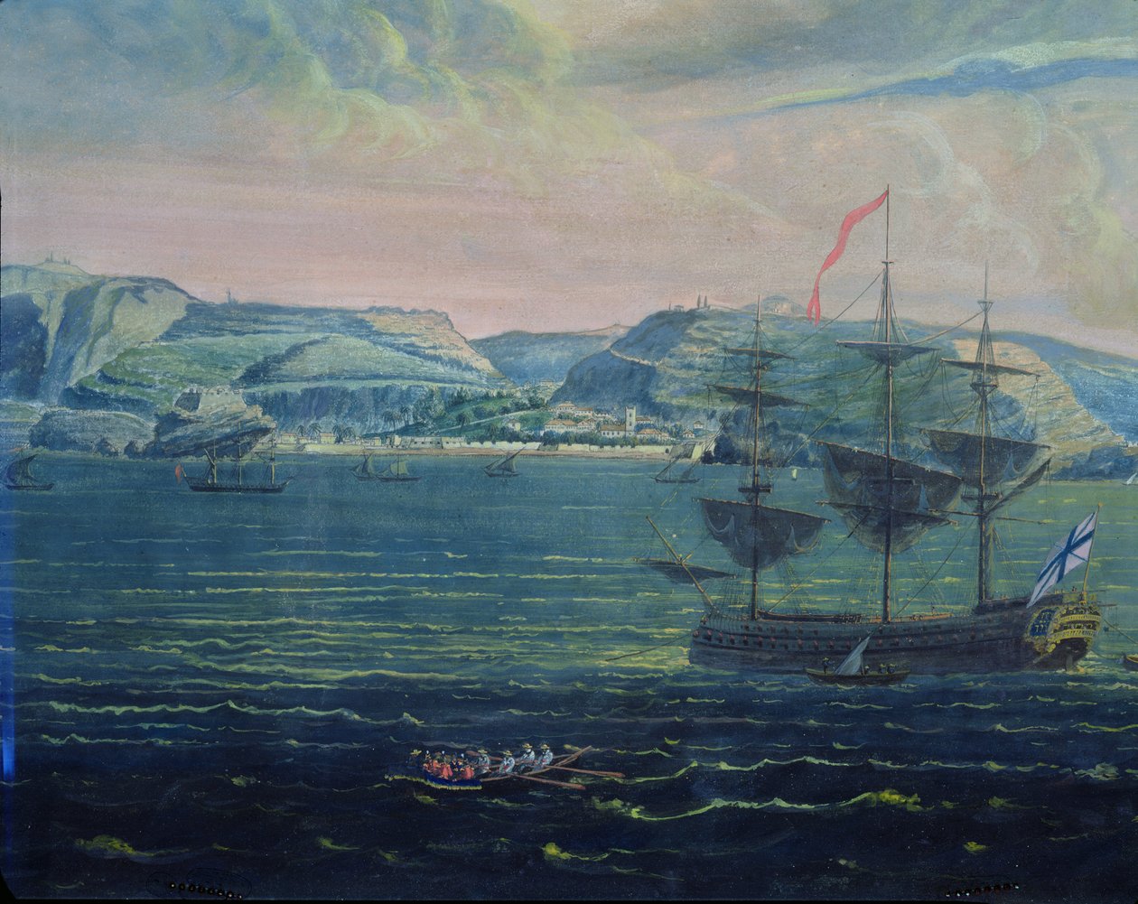 منظر لجزيرة سانت هيلينا ، c.1820 (مرحاض وغواش على ورق) (انظر أيضًا 182640) بواسطة المدرسة الفرنسية