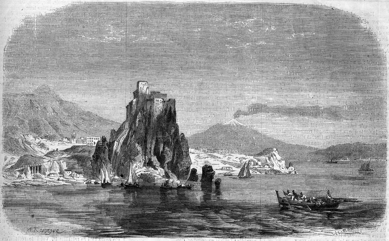 View of the rocks of “” Charybde”” and “” Scylla”” in the Detroit of Messina, Sicily بواسطة المدرسة الفرنسية