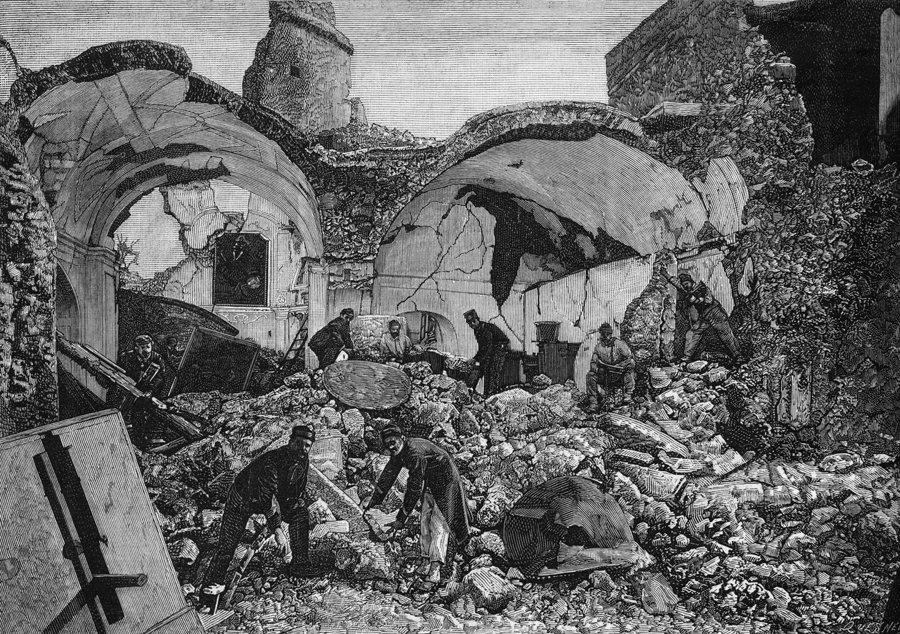 منظر لأطلال Chiese del Purgatorio ، التي دمرت خلال زلزال 1881 في جزيرة Ischia (إيطاليا). نقش كويسنيل في "" العالم المصور "" رقم 1254 بتاريخ 9 أبريل 1881. بواسطة المدرسة الفرنسية