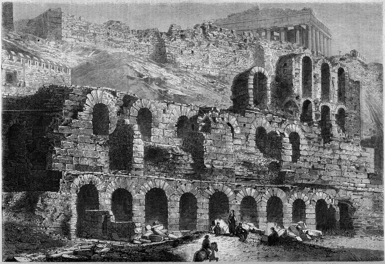 منظر لأطلال أوديون هيرود أتيكوس (بني عام 161 م) في أثينا ، اليونان بواسطة المدرسة الفرنسية