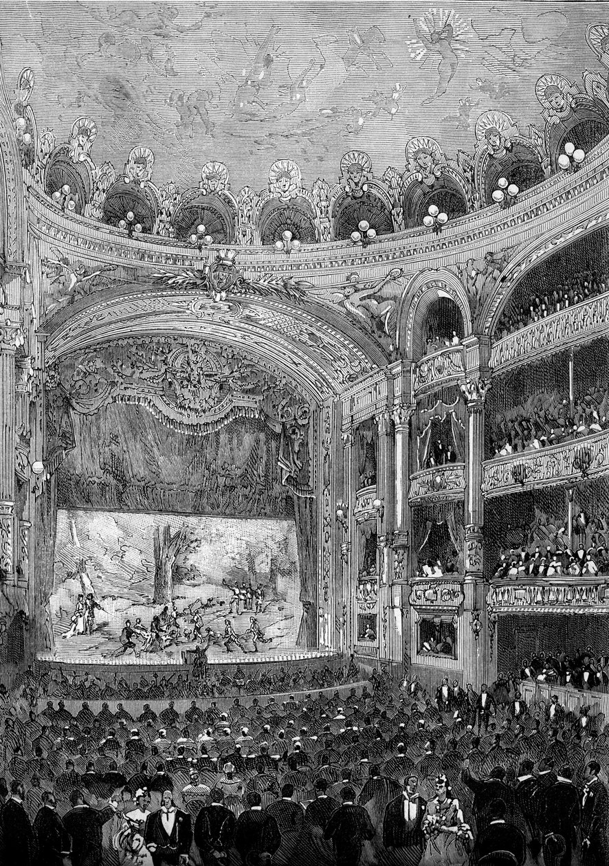 منظر لقاعة المسرح Bellecour ، في ليون ، التي بناها Jules Chatron (1831-1884) في عام 1879. نقش في "" Le Monde Illustré "" رقم 1176 بتاريخ 11 أكتوبر بواسطة المدرسة الفرنسية