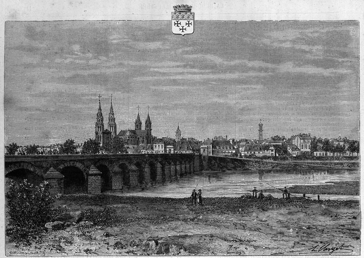 منظر لمدينة مولين في Allier. نقش من عام 1880 في المجموعة الخاصة "La republique illustree". بواسطة المدرسة الفرنسية