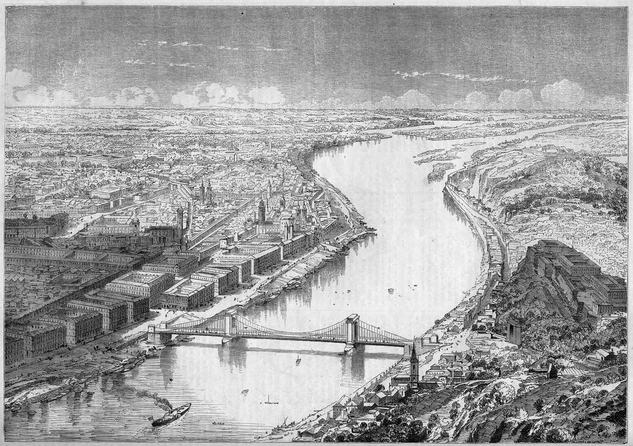 مناظر لمدينة Pesth (Pest) ، عاصمة المجر ، في عام 1861 ، وجسر Szechenyi ، أو جسر Chaines ، الذي تم بناؤه بين عامي 1840 و 1849. نقش في "" Le Monde Illustré "" رقم 229 بتاريخ 31 أغسطس 1861. بواسطة المدرسة الفرنسية