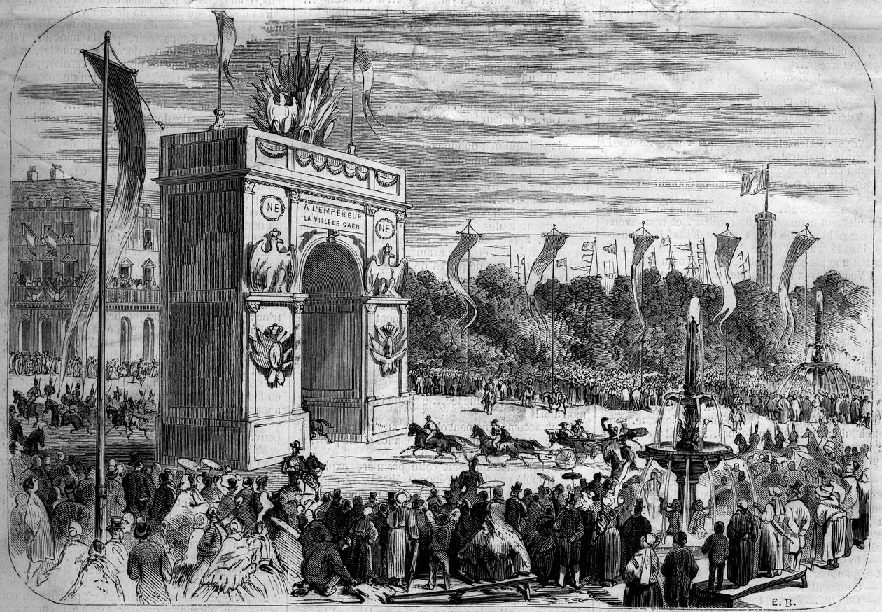 زيارة نابليون الثالث (1808-1873) والإمبراطورة أوجيني (1826-1920) إلى كاين (كالفادوس) بواسطة المدرسة الفرنسية