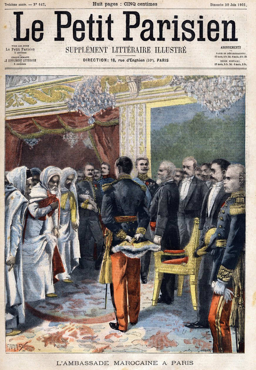 زيارة السفارة المغربية التي استقبلها رئيس فرنسا إميل لوبيه (1838-1929) في باريس ، في "لو بيتي باريزيان" بتاريخ 30/06/1901 (نقش) بواسطة المدرسة الفرنسية