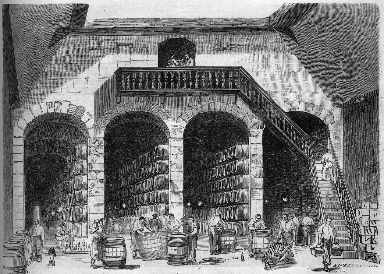 زراعة الكروم: منظر داخلي للهيكل والأقبية الخاصة بـ M. Cruse et fils freres ، بوردو ، جيروند (33) بواسطة المدرسة الفرنسية