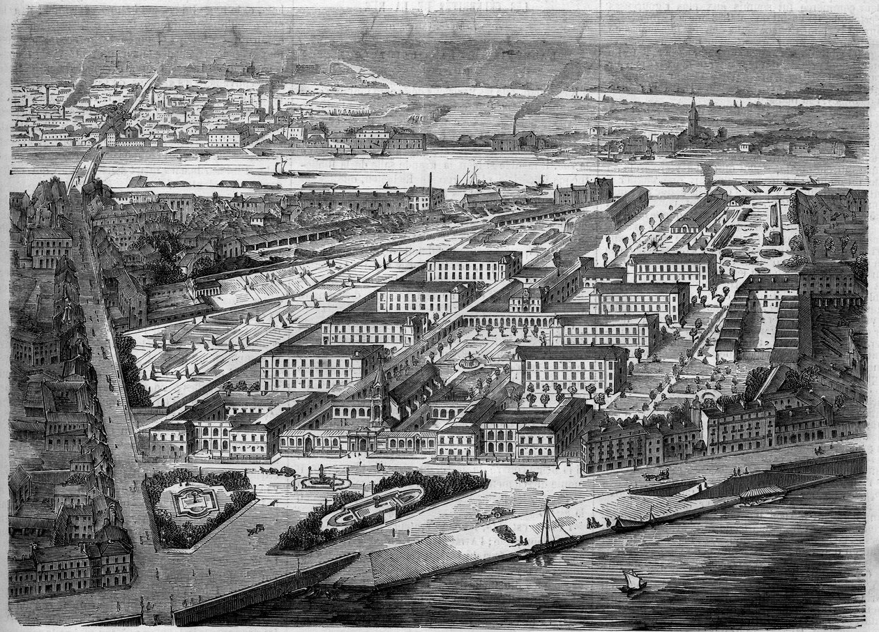 منظر خارجي لـ Hotel Dieu (Hotel-Dieu) في نانت ، تم افتتاحه عام 1863. تم تدمير هذا المستشفى بالكامل تقريبًا أثناء قصف عام 1943. Loire Atlantique (44). نقش في "Le Monde Illustre" رقم 347 بتاريخ 5 ديسمبر 1863. بواسطة المدرسة الفرنسية