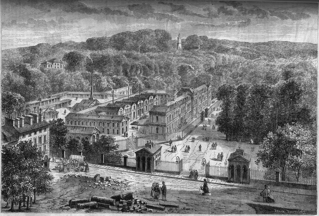 منظر خارجي لمصنع الخزف الإمبراطوري في Sevres ، الذي بني في حديقة Saint Cloud وفقًا لخطط المهندس المعماري Laudin بواسطة المدرسة الفرنسية
