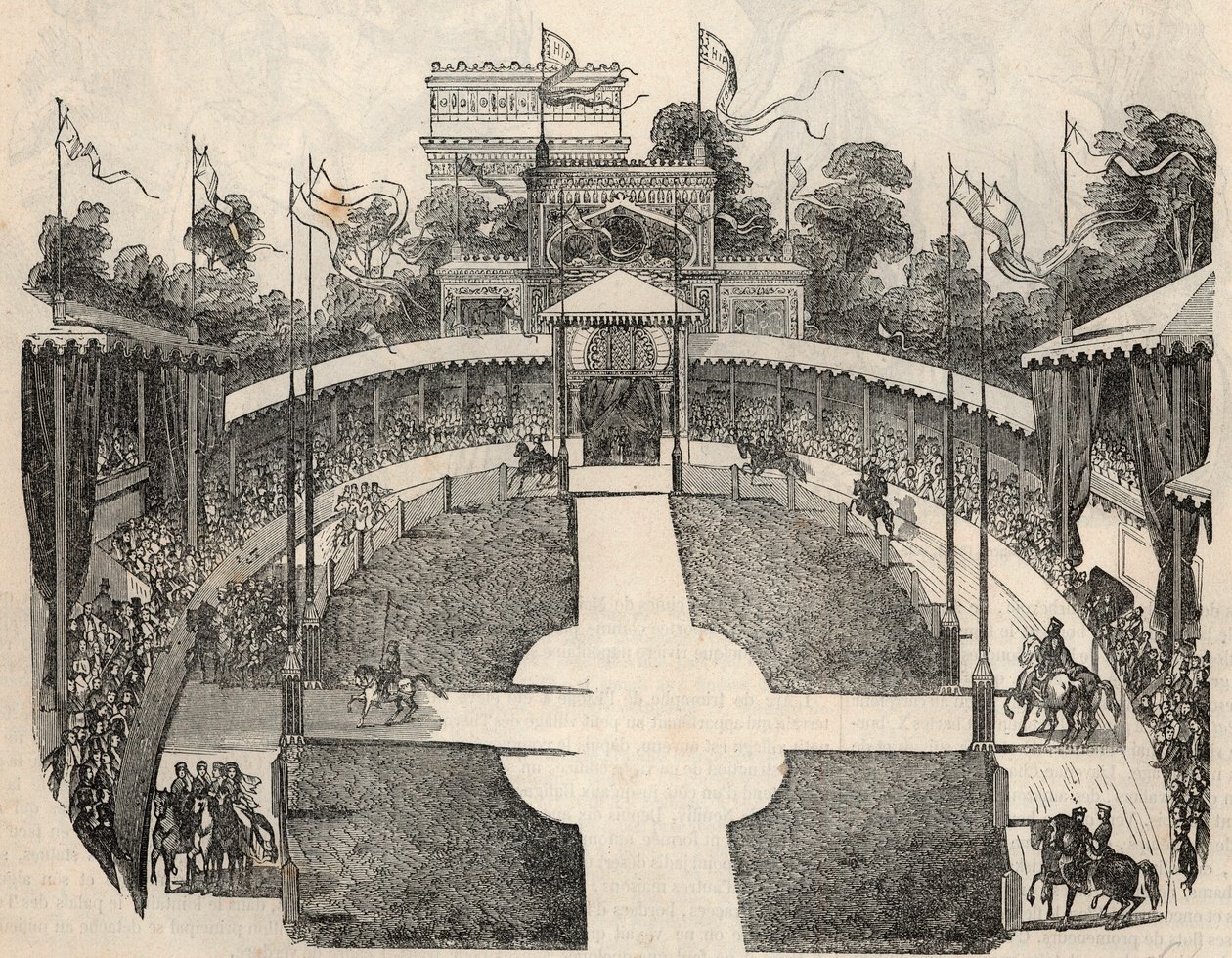 منظر داخلي لمضمار سباق الخيل من Place de l'Etoile في باريس - نقش في "Tableau-de-Paris" بواسطة Edmond Texier 1852 بواسطة المدرسة الفرنسية