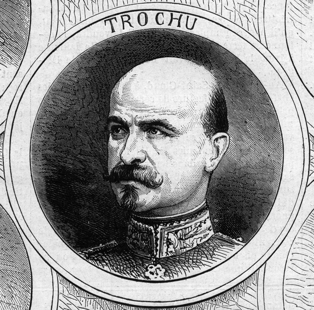 حرب 1870 - حكومة الدفاع الوطني: صورة للجنرال لويس جول تروشو (1815-1896) ، رئيس الحكومة المؤقتة لعام 1870. نقش في "" Le Monde Illustré "" رقم 706 الصادر في 22 أكتوبر بواسطة المدرسة الفرنسية
