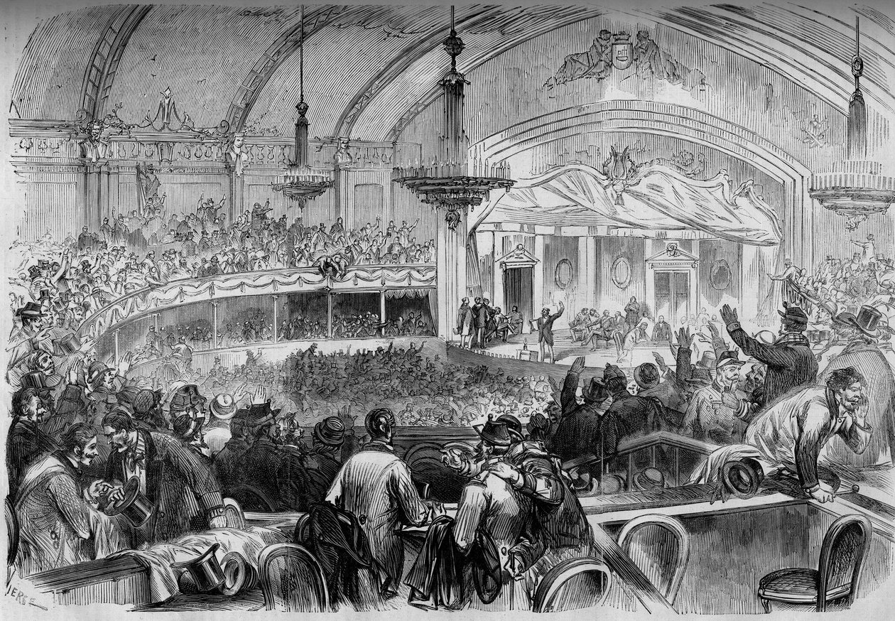 حرب 1870 - انتخابات تشريعية أثناء الهدنة - فبراير 1871: اجتماع انتخابي في Cabaret des Folies Bergeres في باريس لإعلان المرشحين للجمعية الوطنية. نقش في "" Le Monde Illustré "" رقم 722 بتاريخ 11 فبراير 187 بواسطة المدرسة الفرنسية