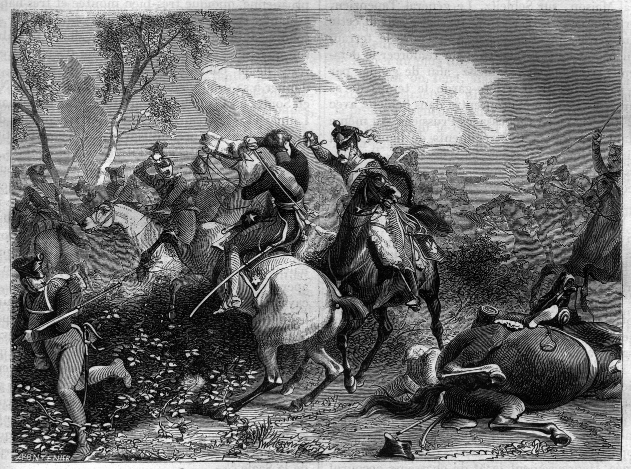 حرب التحالف الرابع 1806-1807 - أصيب الأمير لويس فرديناند من بروسيا بجروح قاتلة أثناء القتال مع سلاح الفرسان الإنجليزي الغازي في معركة Saalfeld خلال الحروب النابليونية بواسطة المدرسة الفرنسية
