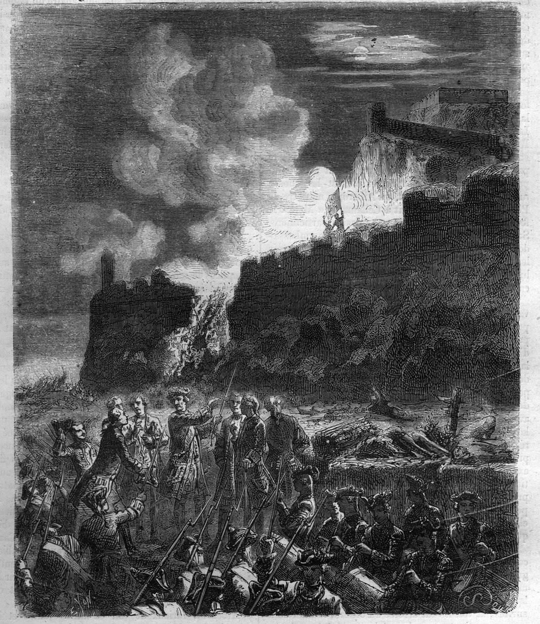 حرب الخلافة الإسبانية (1701-1714) بين فرنسا وحليفتها إسبانيا وتحالف الدول الأوروبية. نقش في "Histoire des Papes-Rois-Queen و Empereurs a travers les years" بقلم موريس لاشاتر بواسطة المدرسة الفرنسية