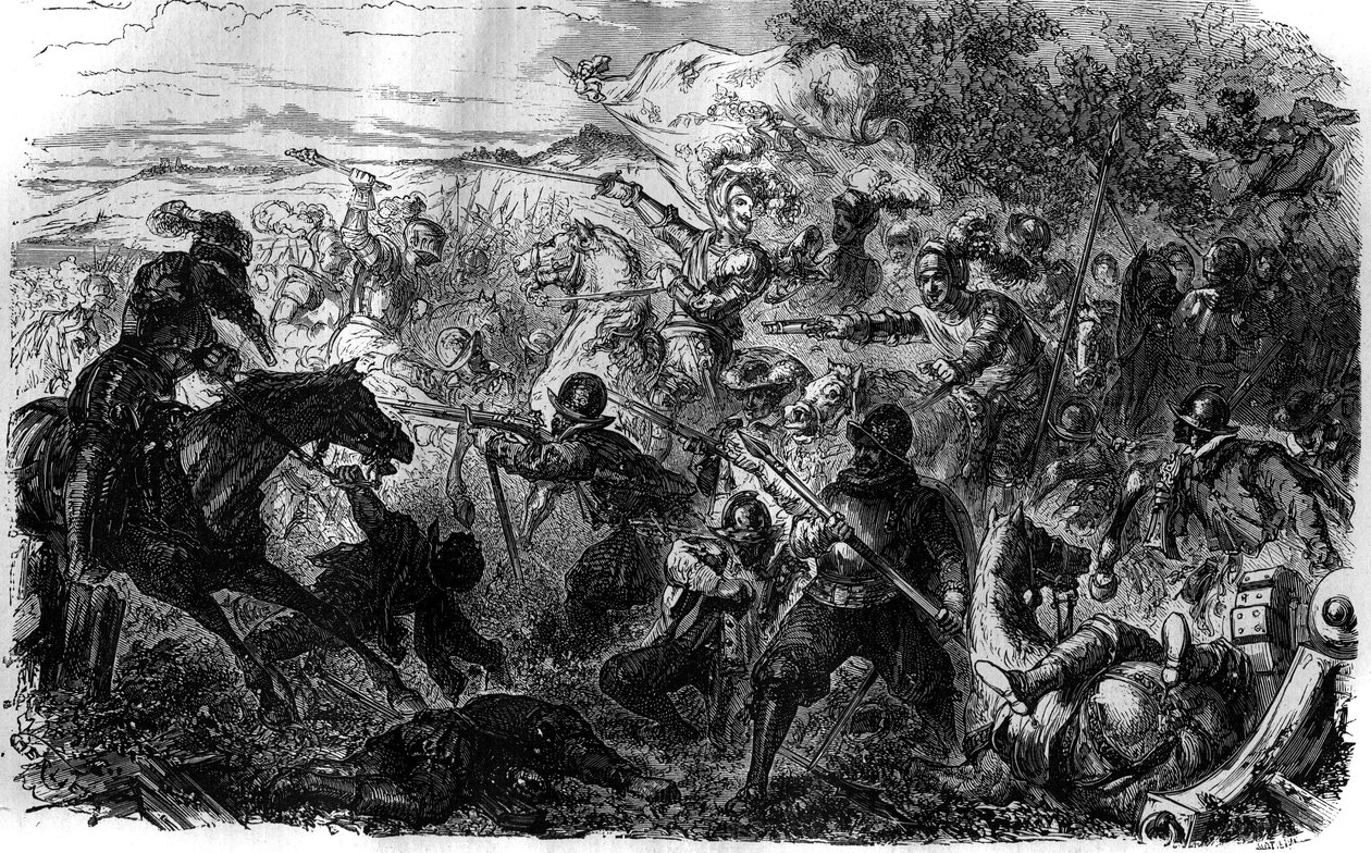 حرب هنري الثلاثة (1585-1586): باتباعًا لأفكار العصبة وزعيمها هنري دي جويز ، انخرط هنري الثالث في تجارة نيمور الموقعة في 7 يوليو. بواسطة المدرسة الفرنسية