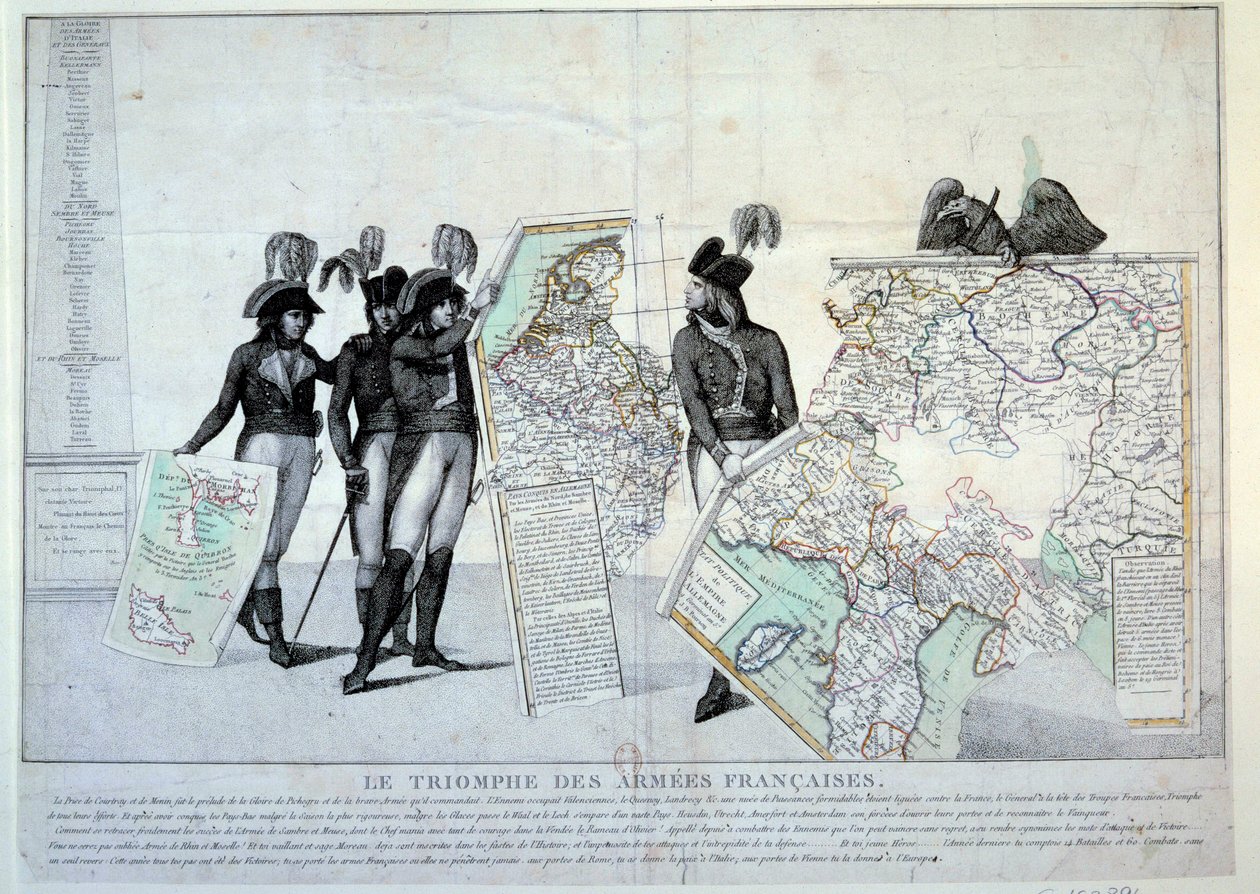 حروب الثورة: الجنرال نابليون بونابرت (1769-1821) يحمل خريطة إيطاليا (في وقت الحملة الإيطالية) لإكمال لغز الأراضي التي احتلتها فرنسا. على اليسار ، من المحتمل أن الجنرالات هوش وبيشيجرو وجان فيكتور (جان- بواسطة المدرسة الفرنسية