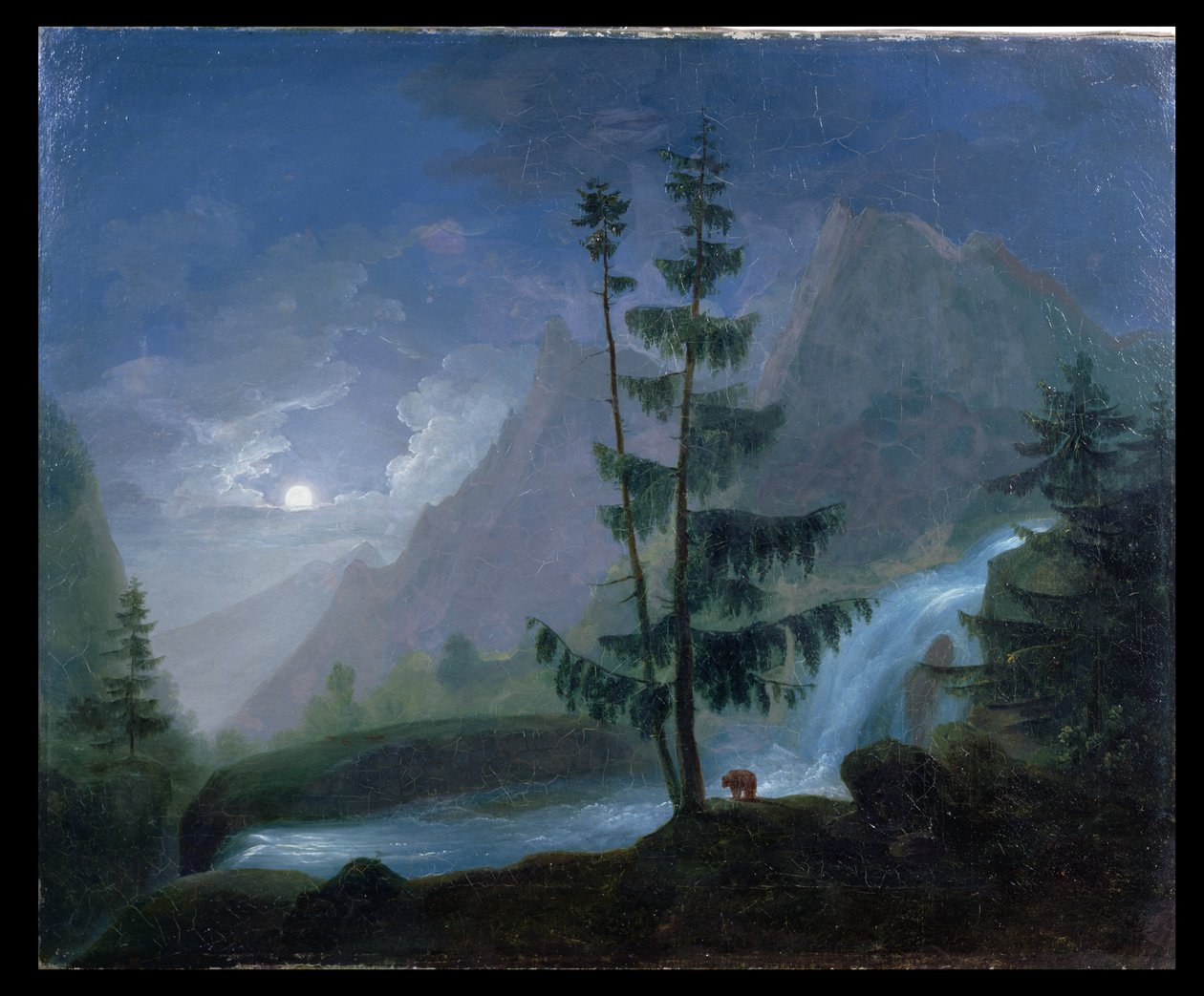 شلال بالقرب من Pont dEspagne بواسطة Moonlight ، c.1833 بواسطة المدرسة الفرنسية
