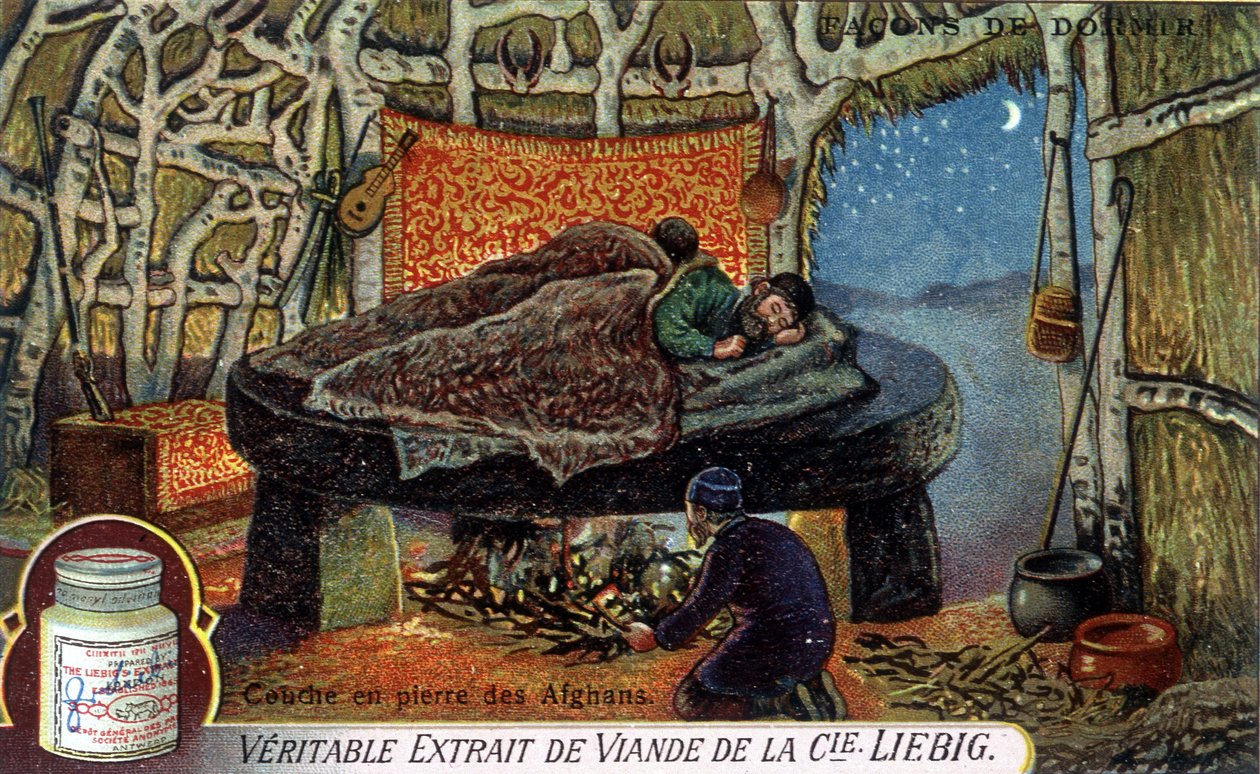 Ways to sleep: Afghans stone layer. Liebig packaging chromolithography. بواسطة المدرسة الفرنسية