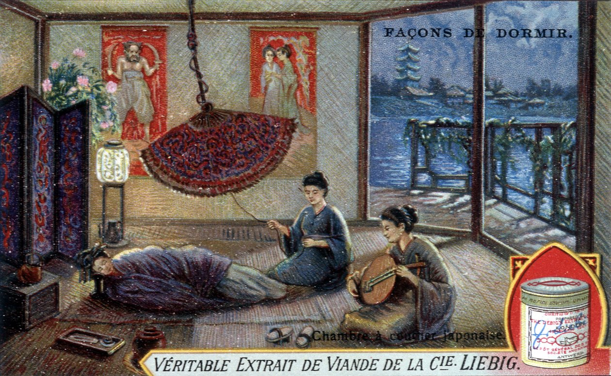 طرق النوم: غرفة نوم يابانية. تغليف ليبيج للطباعة الحجرية الملونة. بواسطة المدرسة الفرنسية