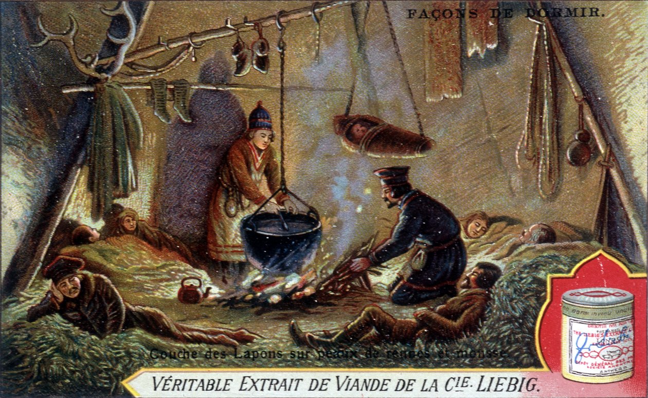 Ways to sleep: Lap layer on reindeer skins and foam. Chromolithography packaging Liebig. بواسطة المدرسة الفرنسية