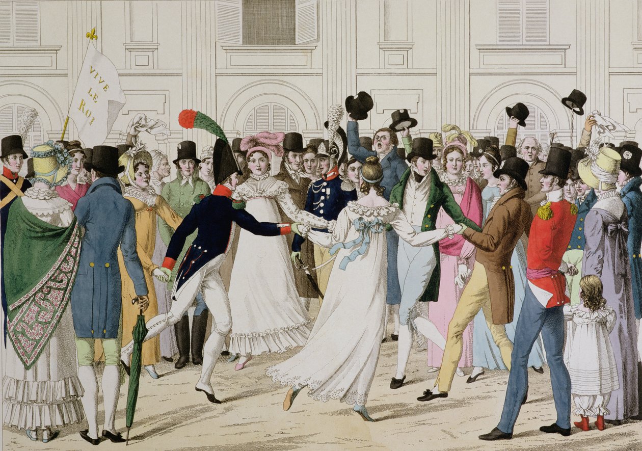 لدينا Pere de Gand ، الاحتفال في Tuilleries of Louis XVIIIs يعود عام 1815 من Ghent بعد 100 يوم (نقش الألوان) بواسطة المدرسة الفرنسية