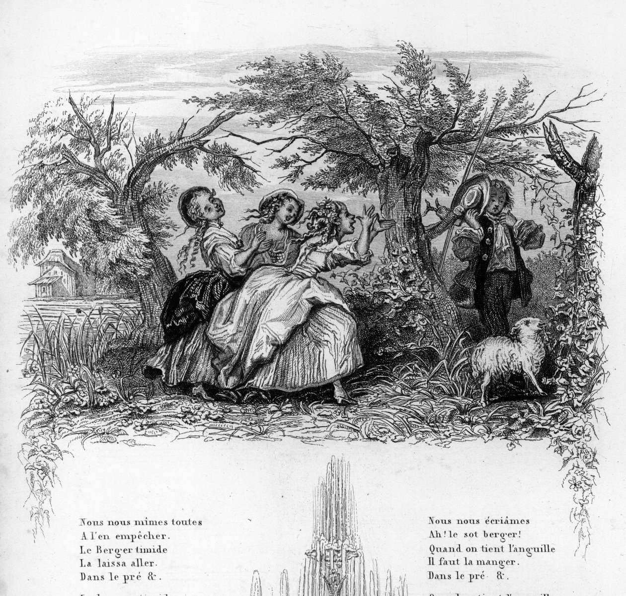 We were three girls. Three girls playing with a shepherd and making him uncomfortable. Engraving in “” Chants et chansons populaire de la France””, Tome 2 بواسطة المدرسة الفرنسية