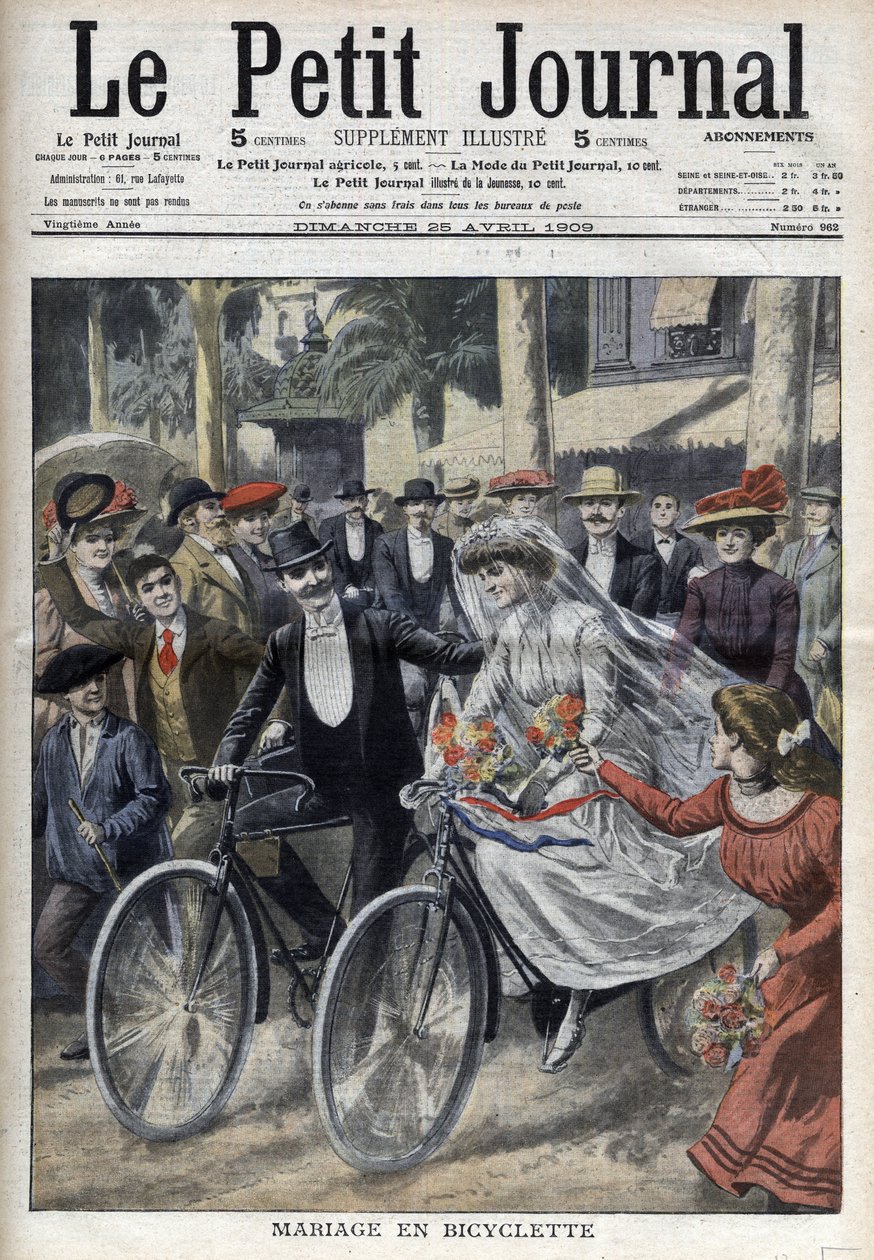 حفل زفاف بالدراجة في فناء مبنى بلدية نيس ، في "Le Petit Journal" بتاريخ 25 أبريل 1909 (نقش) بواسطة المدرسة الفرنسية