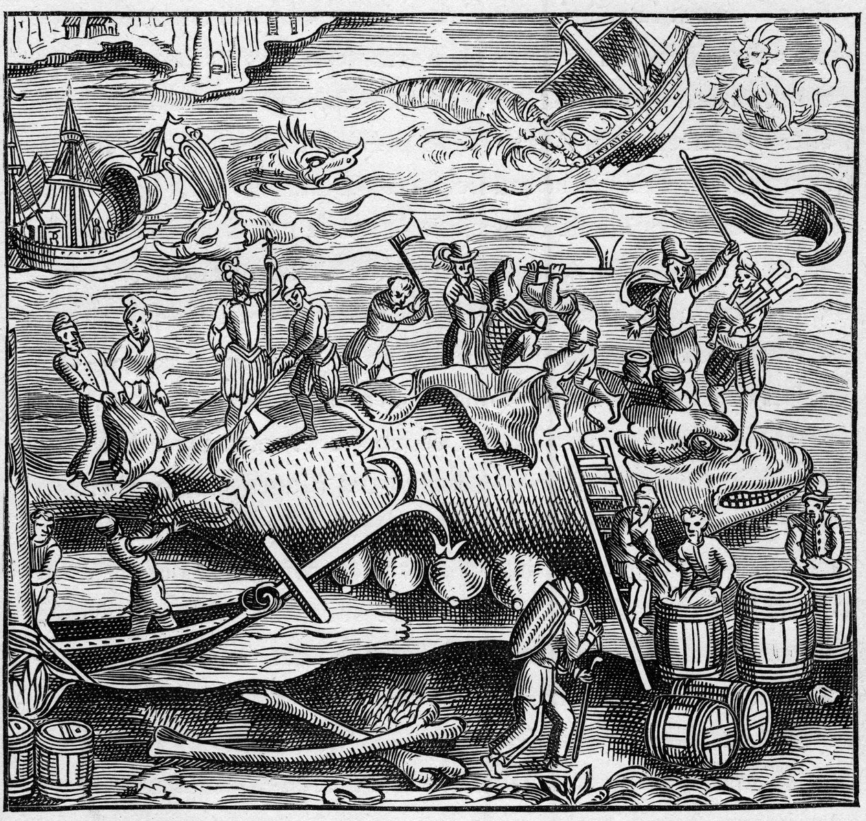 صيد الحيتان على الساحل الفرنسي للمحيط الأطلسي في العصور الوسطى. نقش في "La Marine et les Colonies: Commerce" بواسطة المدرسة الفرنسية