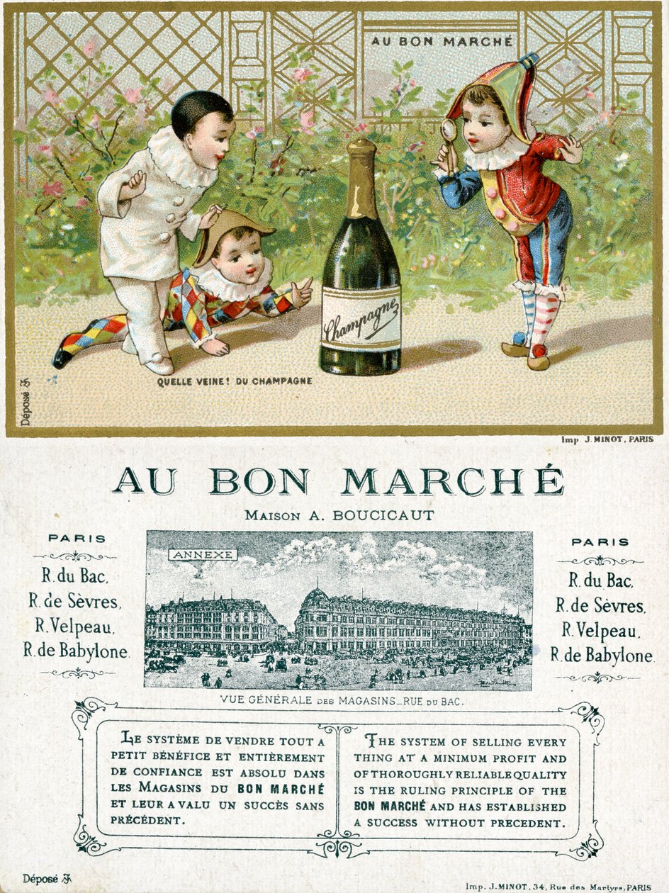 ما الحظ! زجاجة شمبانيا أمام وعكس بطاقة ترويجية لمتاجر Bon Marché في باريس ، c.1895 بواسطة المدرسة الفرنسية
