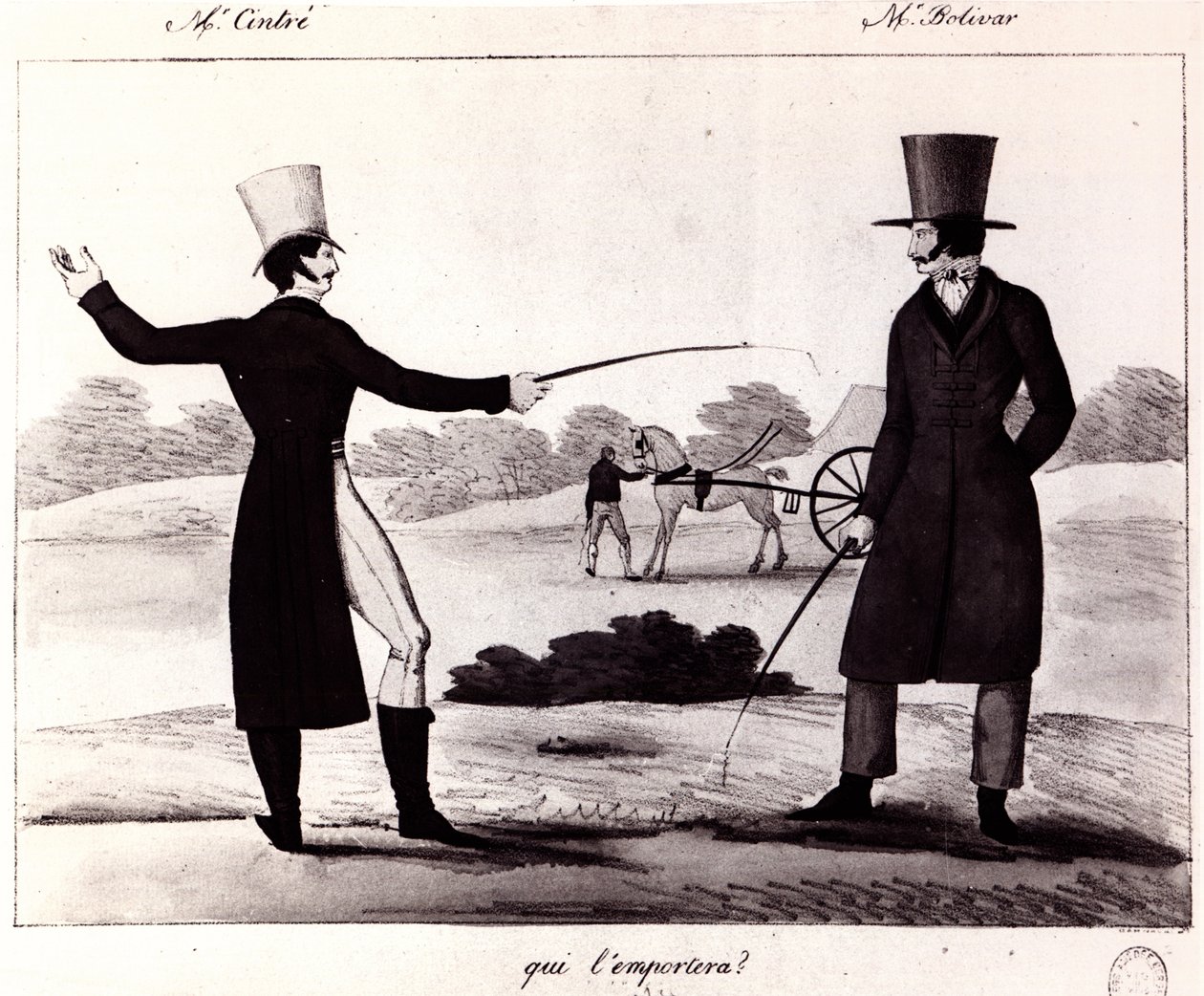 من سيفوز؟ مشهد المبارزة بين M. Cintre و M. Bolivar ، c.1820 بواسطة المدرسة الفرنسية