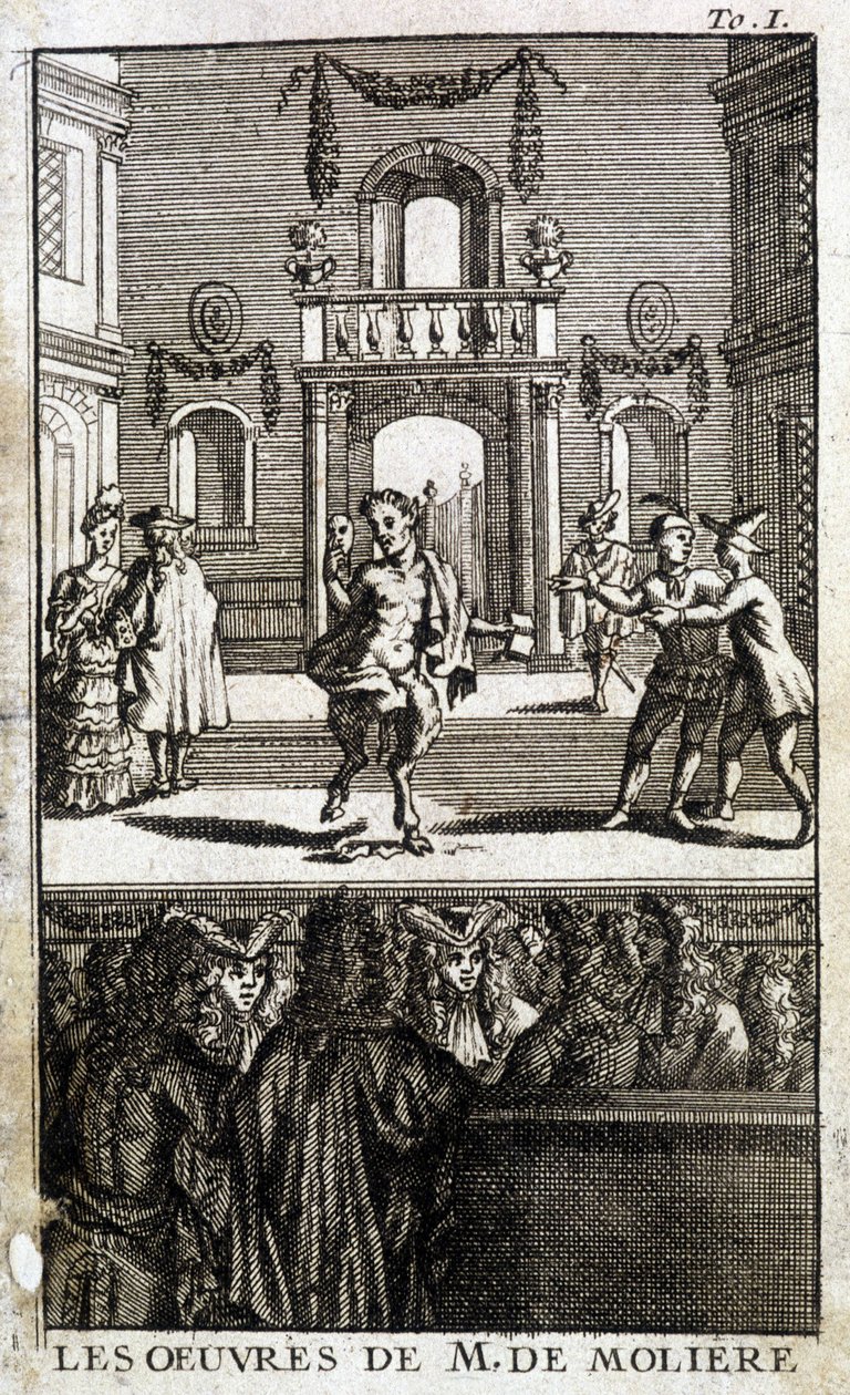 الحياة البرية والشخصيات على خشبة المسرح مع الجمهور - في "The Works of M. de Molière" " بواسطة المدرسة الفرنسية