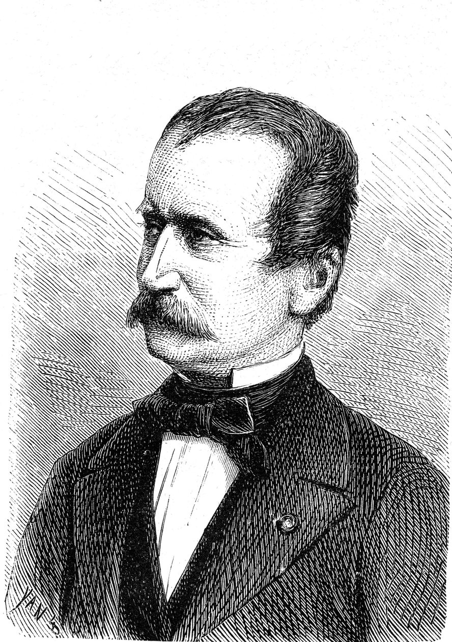 فيلهلم إنجيرث (1814-1884)، مهندس نمساوي، مصمم أول قاطرة جبلية. نقش 1867 بواسطة المدرسة الفرنسية