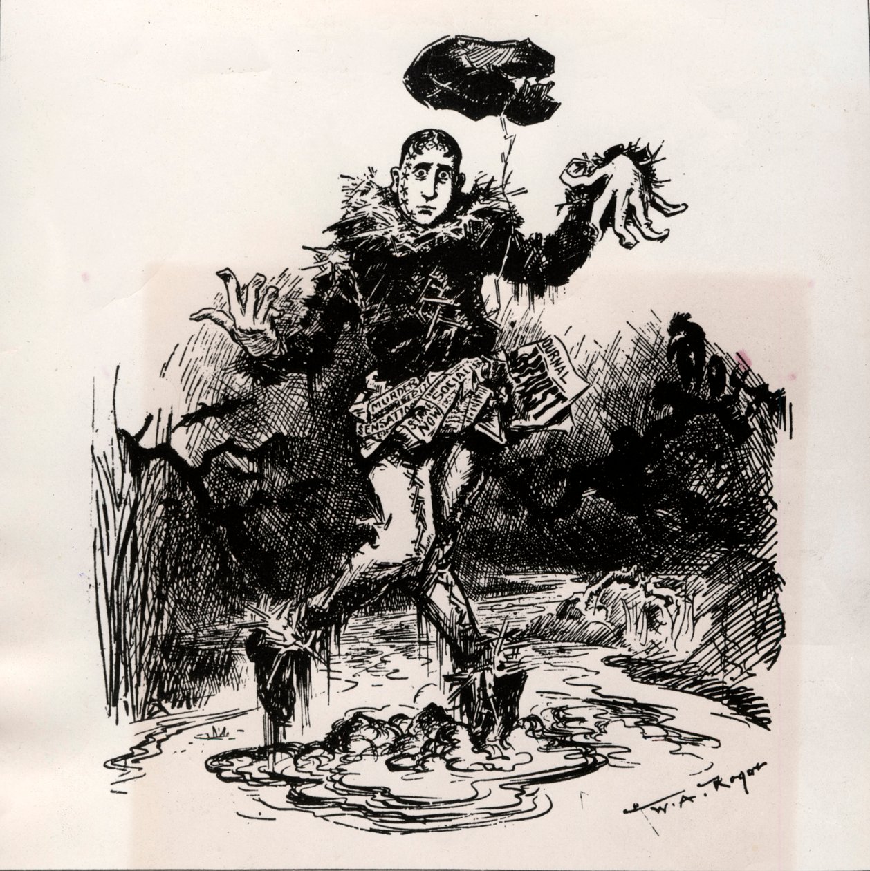 ويليام هيرست ، صحفي صحفي ذو إحساس ، يمثل فزاعة في الوحل - كاريكاتير هاربر ويكلي 1906 (نقش) بواسطة المدرسة الفرنسية