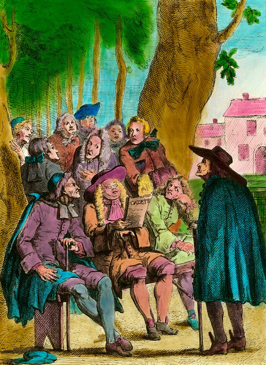 Wind politicians reading “the Gazette” under the Krakow tree in the gardens of Luxembourg at the end of the Ancien Regime in Paris. Engraving of the 18th century. Private collection بواسطة المدرسة الفرنسية