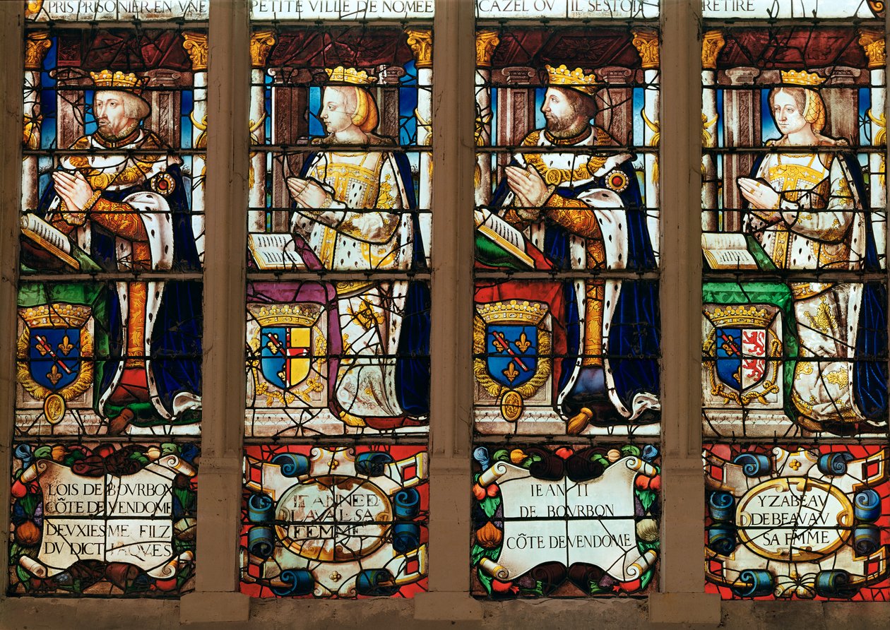 نافذة تصور لويس دي بوربون (1376-1446) Comte de Vendome ، Jeanne de Laval (d.1468) Jean II de Bourbon (1446-77) Comte de Vendome abd Isabelle de Beauvau (d.1474) بواسطة المدرسة الفرنسية