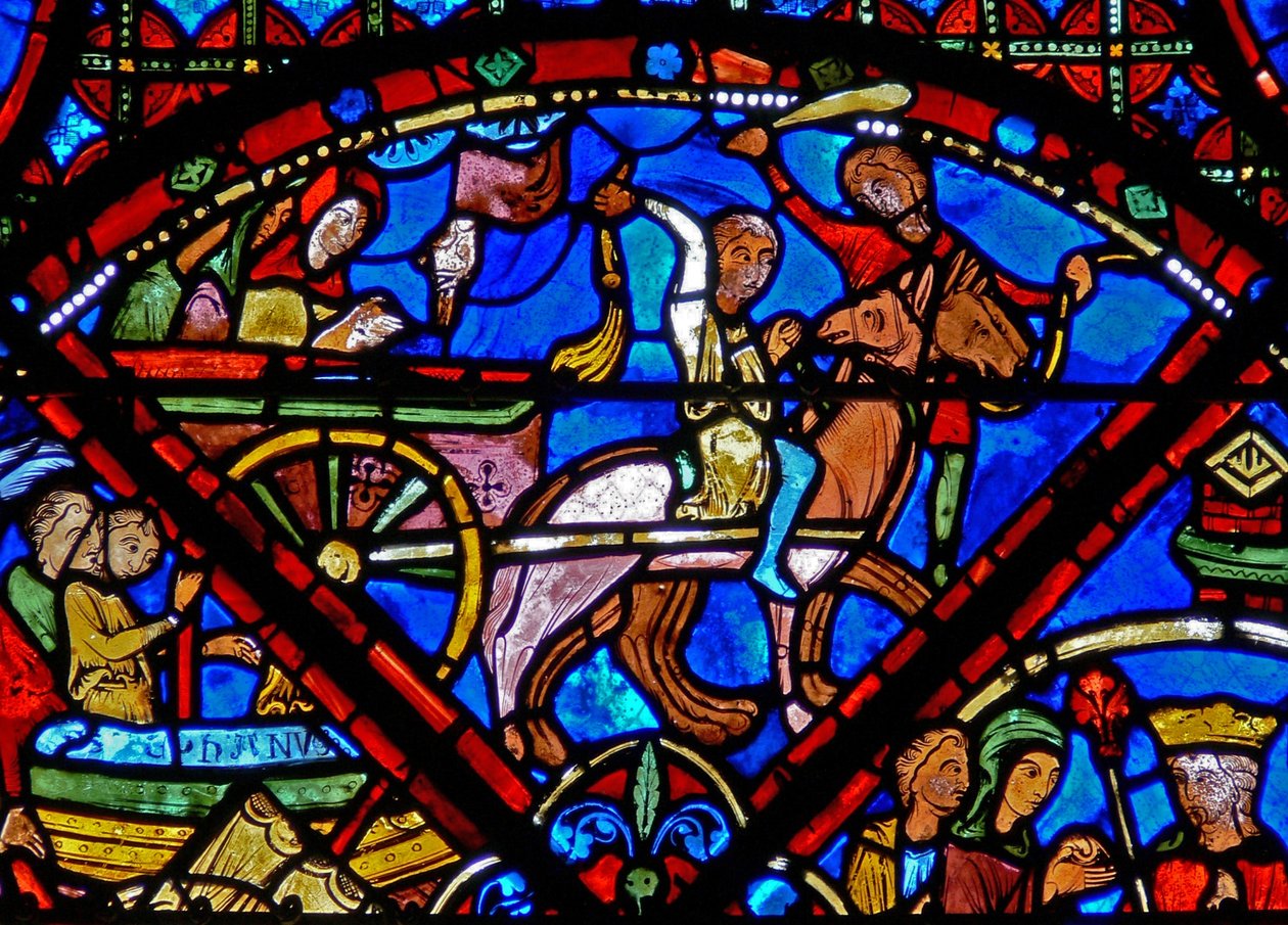 نافذة W15 تصور قصة آثار St Stephens: نقل الآثار عن طريق الحصان والعربة بواسطة المدرسة الفرنسية