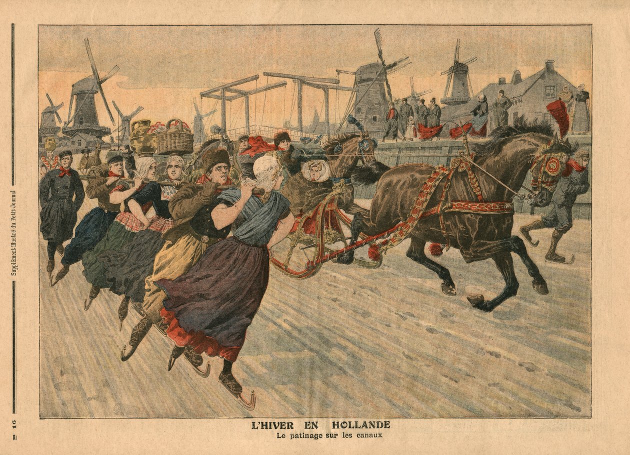 فصل الشتاء في هولندا ، التزحلق على الجليد على القناة ، رسم توضيحي من "Le Petit Journal" ، ملحق illustre ، 13 يناير 1907 (لون ليثو) بواسطة المدرسة الفرنسية