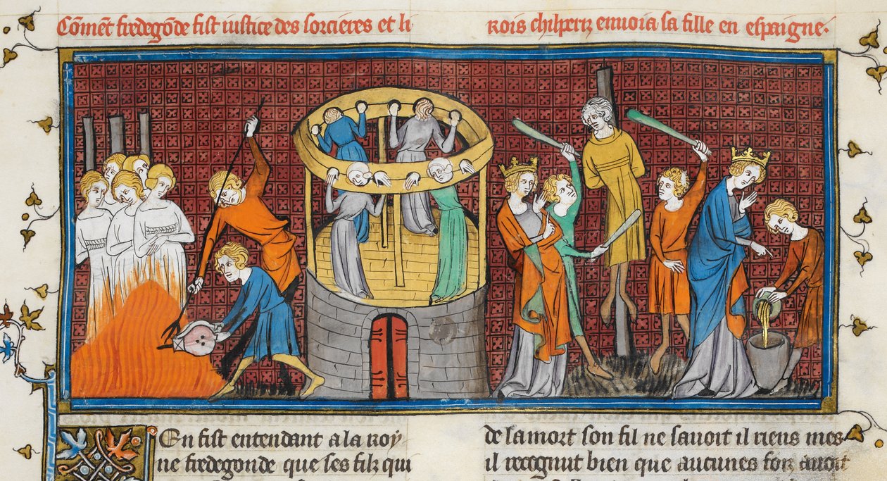 حرق السحرة ، من Les Grandes chroniques de France ، MS Royal 16 G VI f. 64 بواسطة المدرسة الفرنسية