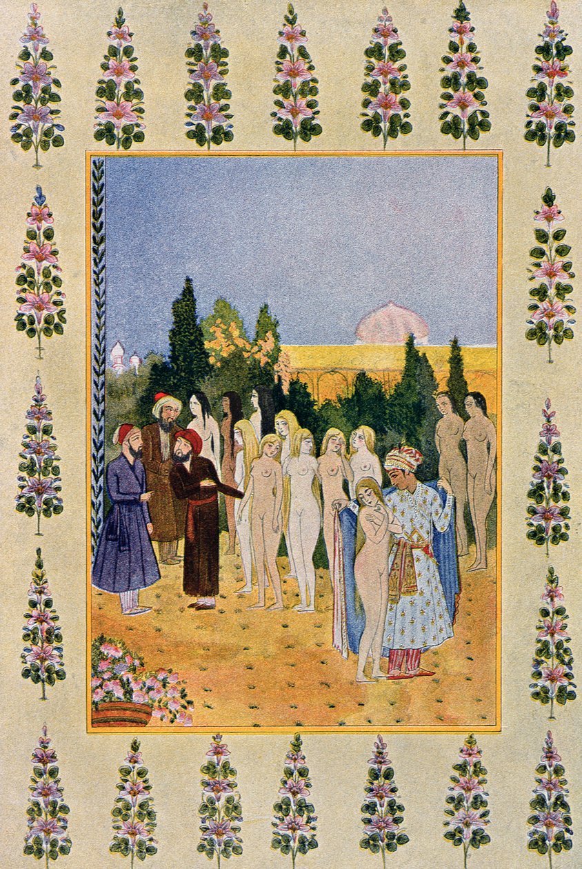 مع عباءة سأحمي عريها ، رسم توضيحي من الليالي العربية ، 1895 (نقش الألوان) بواسطة المدرسة الفرنسية