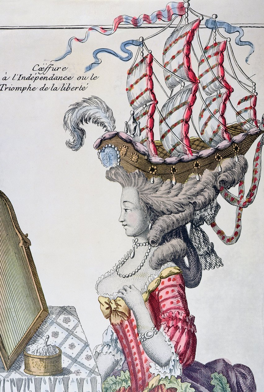 امرأة في ثوب النهار مع تسريحة شعر a la Belle Poule ، فترة الاستقلال الأمريكي ، 1779-1780 بواسطة المدرسة الفرنسية