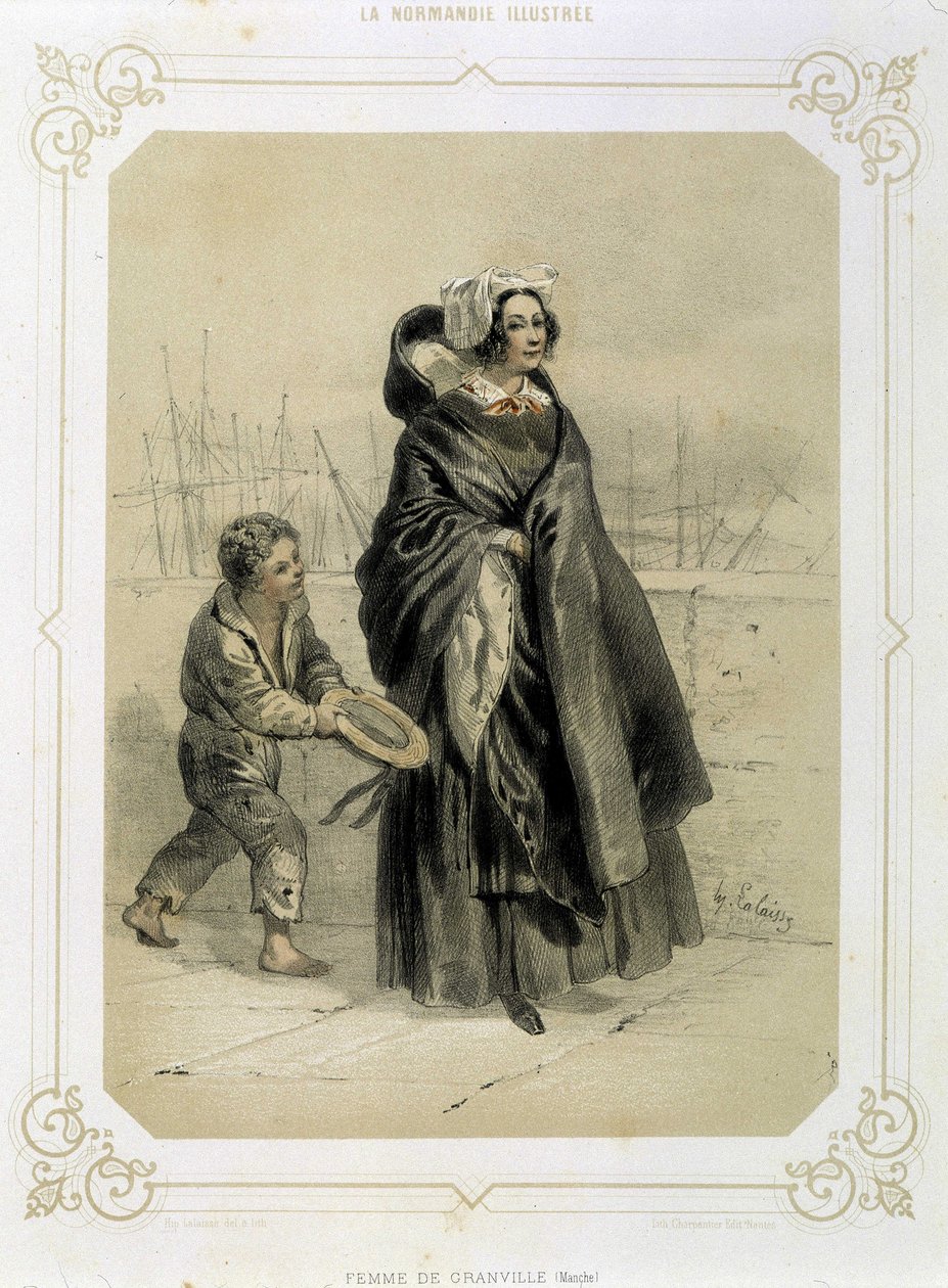 Woman of Granville and young beggar -in “” Illustrated Normandy”” lithography بواسطة المدرسة الفرنسية