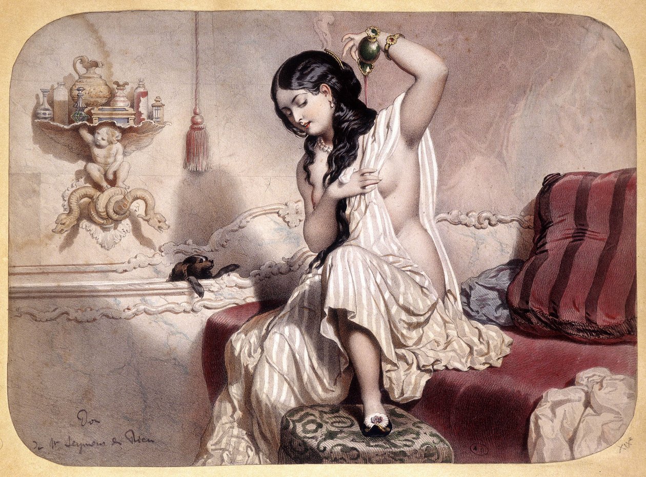 تعطر المرأة بعد الاستحمام - الطباعة الحجرية ، 1860 بواسطة المدرسة الفرنسية