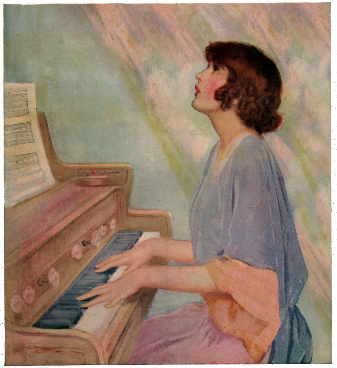امرأة تعزف على الأرغن. 1924 (نقش) بواسطة المدرسة الفرنسية