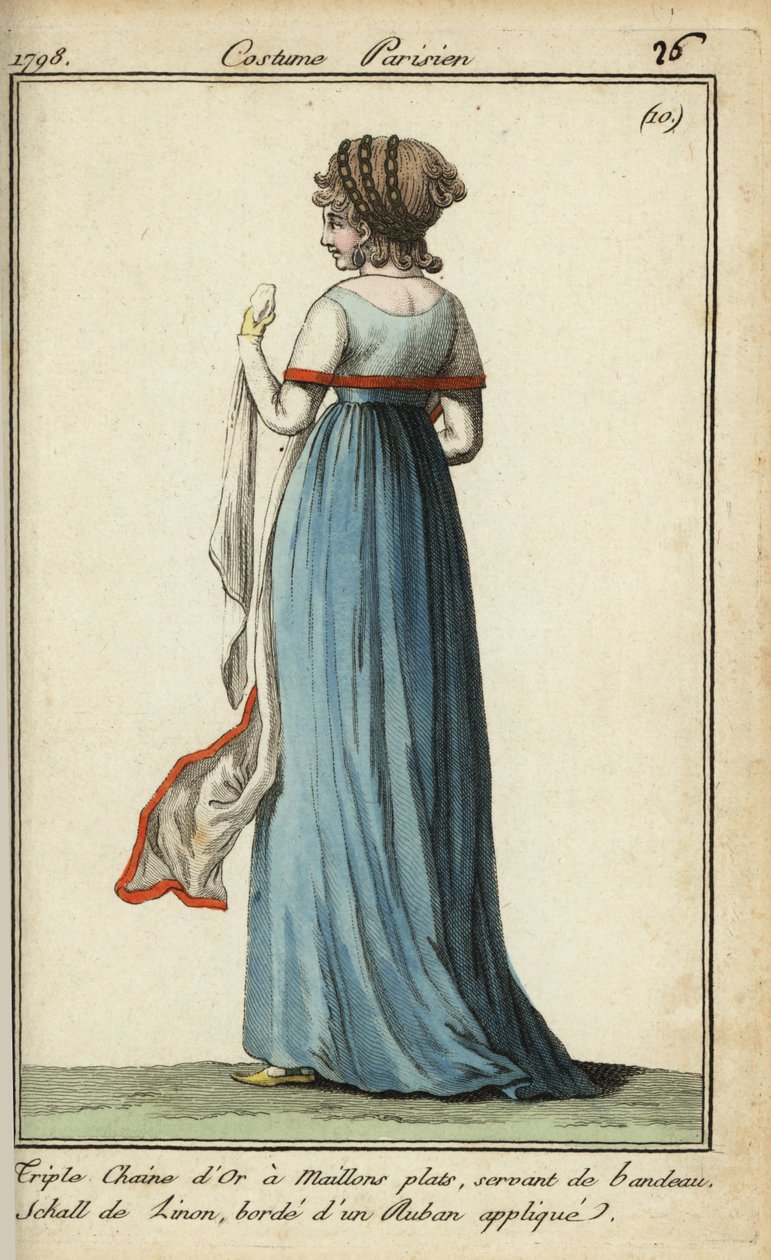 Woman with seethrough shawl in the fashion of 1798 (handcoloured copperplate engraving) بواسطة المدرسة الفرنسية