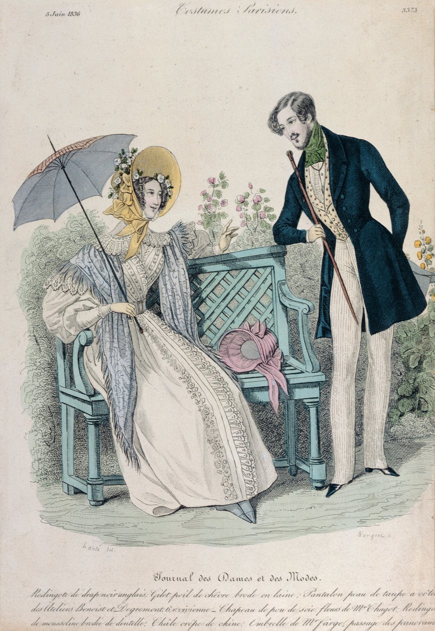 امرأة مع مظلة ورجل في معطف عباءة في حديقة ، لوحة أزياء من Journal des Dames et des Modes ، 5 يونيو 1836 بواسطة المدرسة الفرنسية