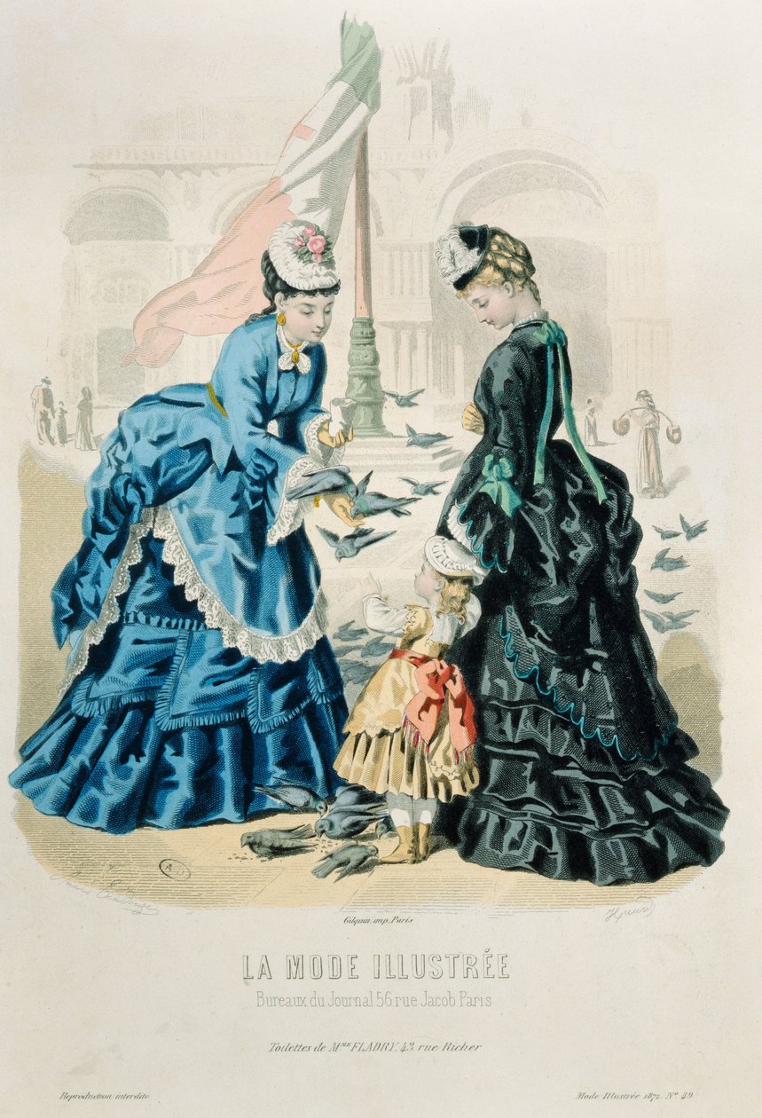 امرأة وطفل يطعمان الحمام ، من La Mode Illustrée ، 1872 بواسطة المدرسة الفرنسية