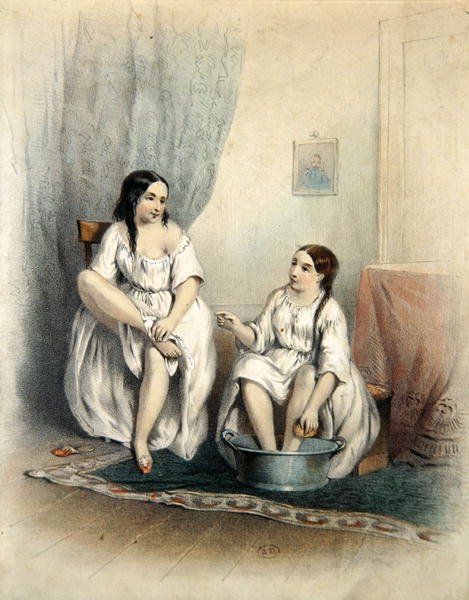 النساء في المرحاض (نقش ملون) بواسطة المدرسة الفرنسية