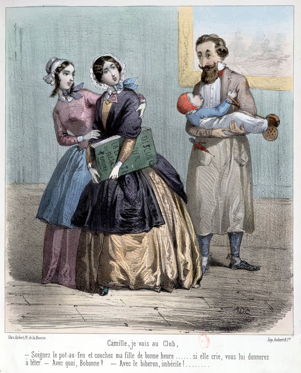 نساء تركن أزواجهن لرعاية الأطفال أثناء ذهابهم إلى ناديهم ، 1848 بواسطة المدرسة الفرنسية